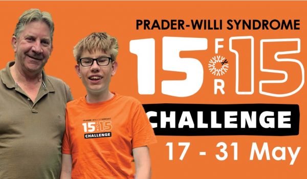 An orange graphic for the 15 for 15 challenge, a campaign to help raise money for a state-wide evidence-based model of care for Prader-Willi Syndrome.