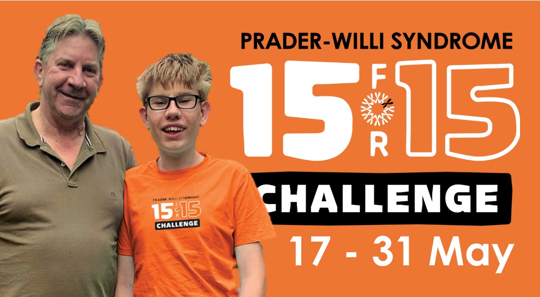 An orange graphic for the 15 for 15 challenge, a campaign to help raise money for a state-wide evidence-based model of care for Prader-Willi Syndrome.