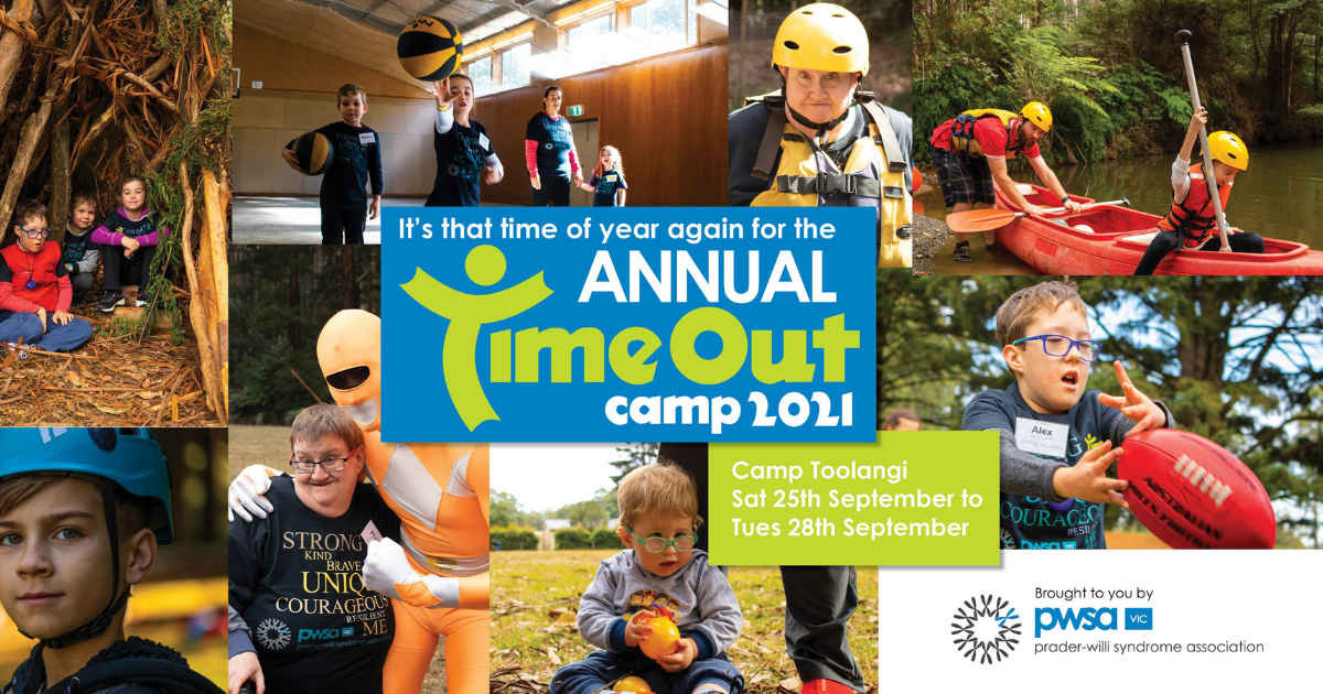 A collage of photos taken of participants at the previous PWSA Vic Time Out Camp, with Time Out Camp 2021 logo in the centre.