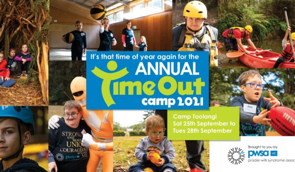 A collage of photos taken of participants at the previous PWSA Vic Time Out Camp, with Time Out Camp 2021 logo in the centre.