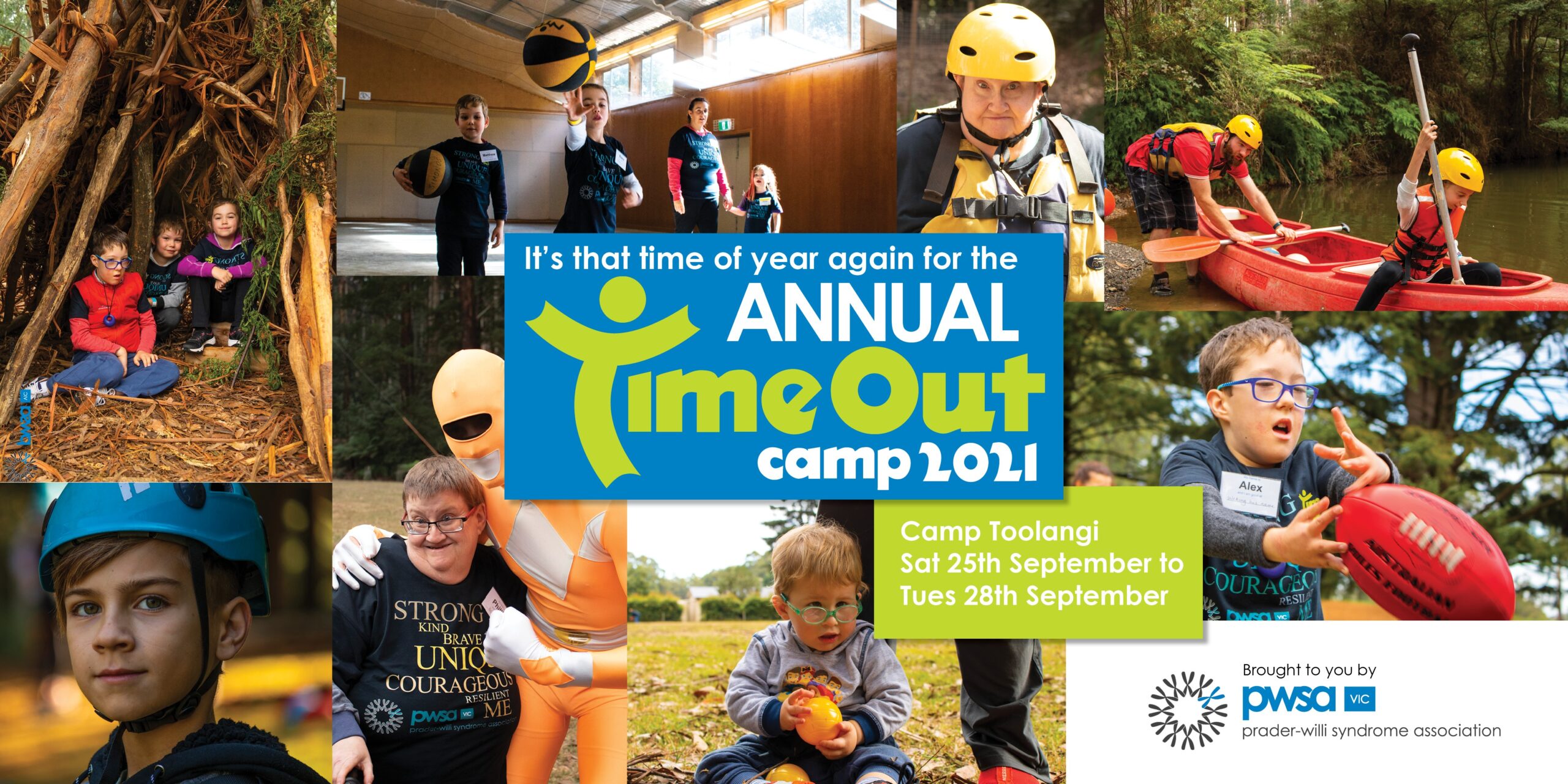 A collage of photos taken of participants at the previous PWSA Vic Time Out Camp, with Time Out Camp 2021 logo in the centre.